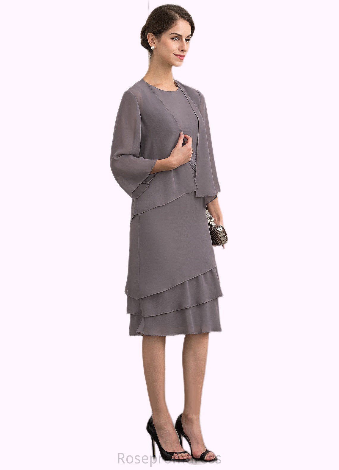 Elliana A-Line Scoop Neck Knee-Length Chiffon Mother of the Bride Dress With Cascading Ruffles SRS126P0014981