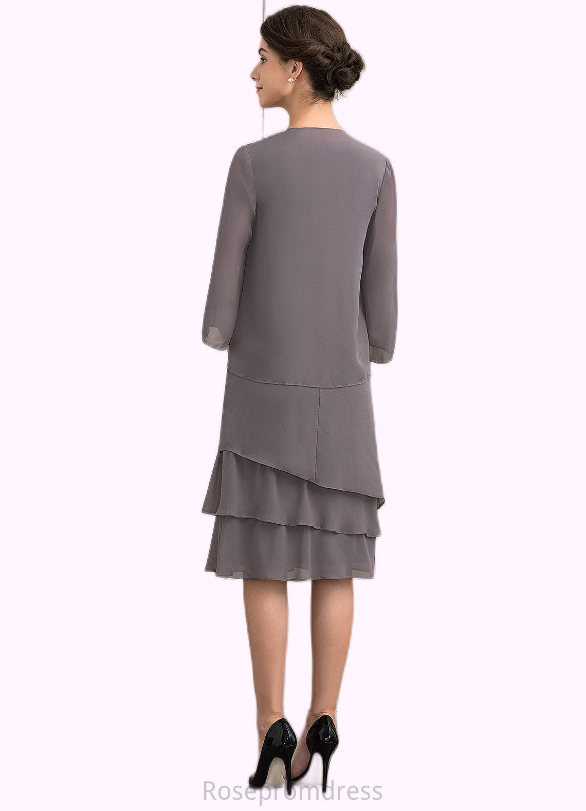 Elliana A-Line Scoop Neck Knee-Length Chiffon Mother of the Bride Dress With Cascading Ruffles SRS126P0014981
