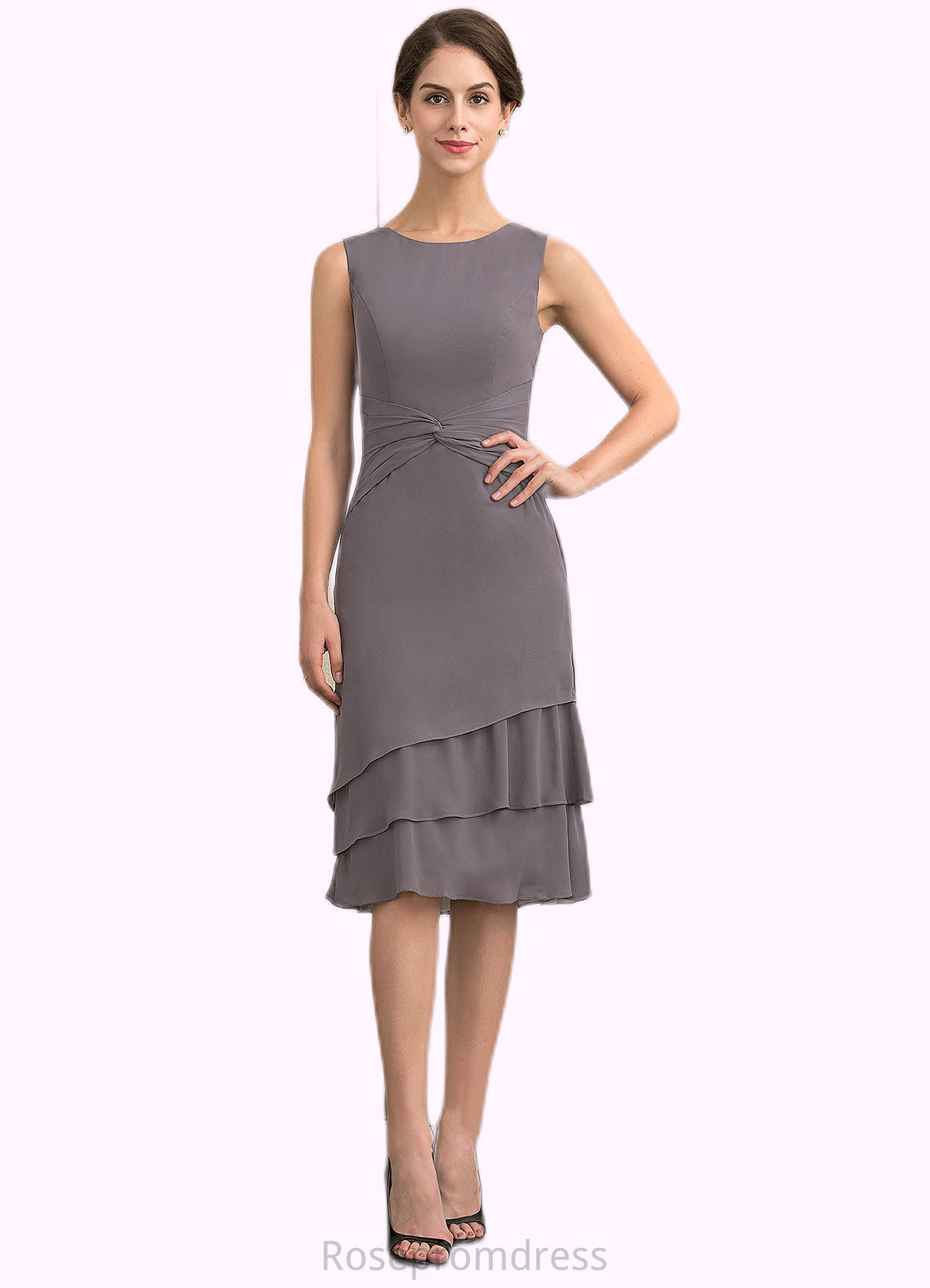 Elliana A-Line Scoop Neck Knee-Length Chiffon Mother of the Bride Dress With Cascading Ruffles SRS126P0014981