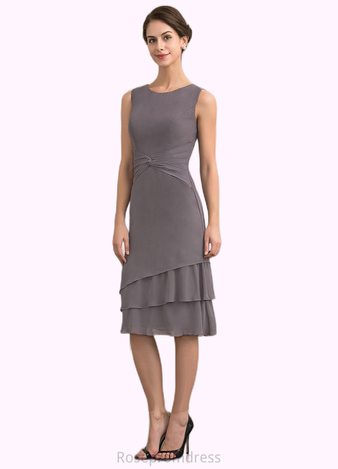 Elliana A-Line Scoop Neck Knee-Length Chiffon Mother of the Bride Dress With Cascading Ruffles SRS126P0014981
