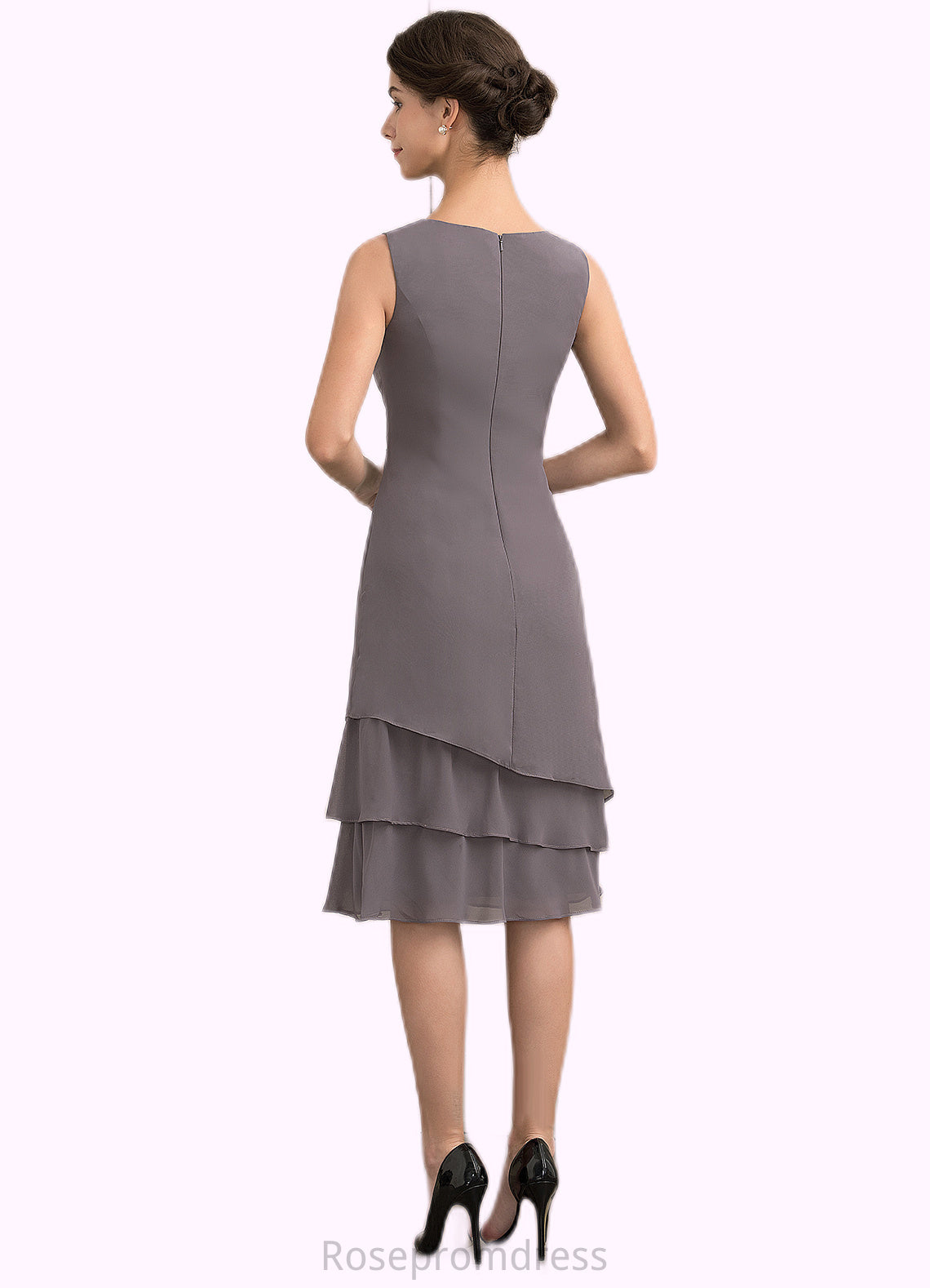 Elliana A-Line Scoop Neck Knee-Length Chiffon Mother of the Bride Dress With Cascading Ruffles SRS126P0014981