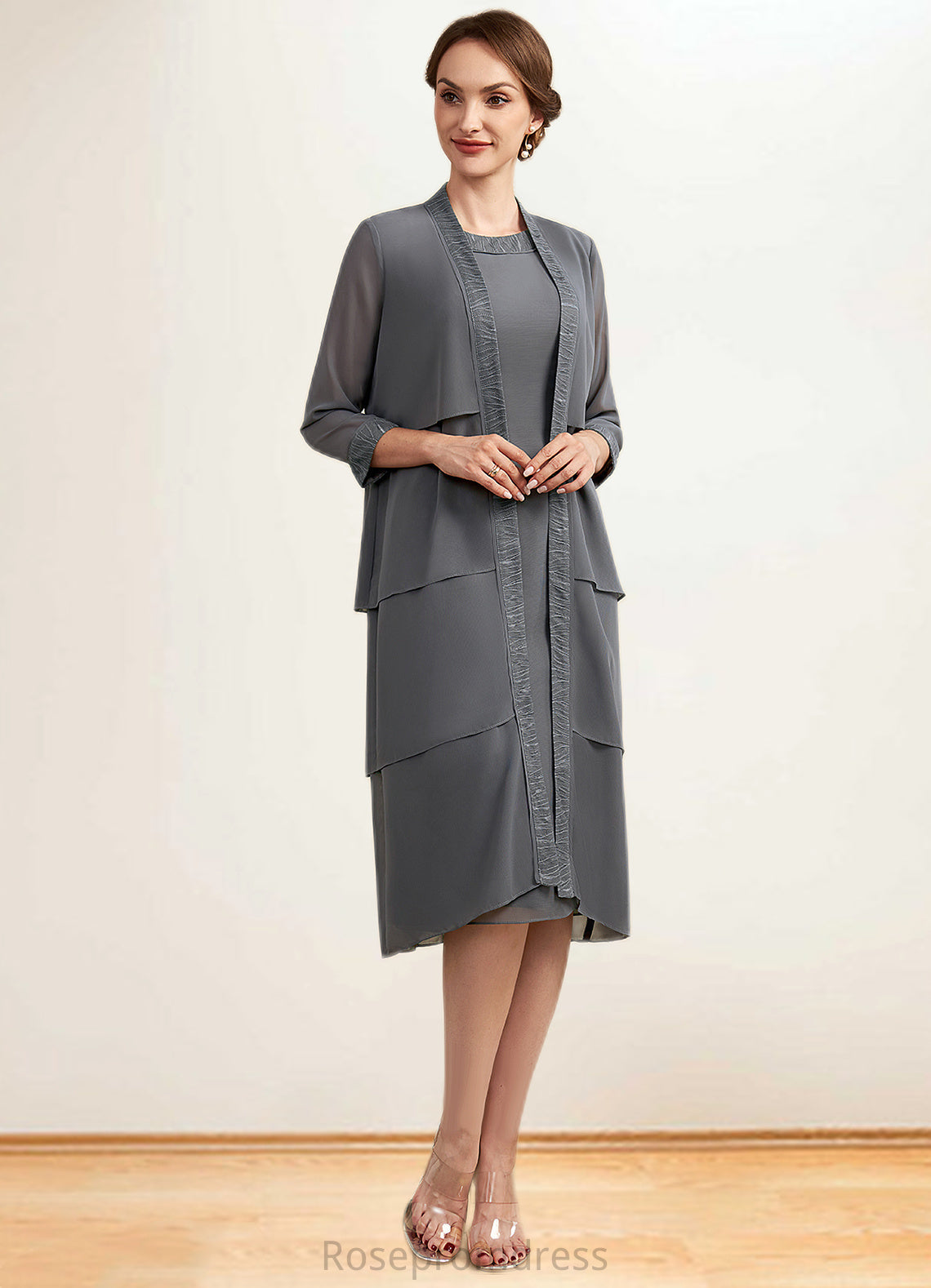 Tamia Sheath/Column Scoop Neck Knee-Length Chiffon Mother of the Bride Dress With Lace SRS126P0014986