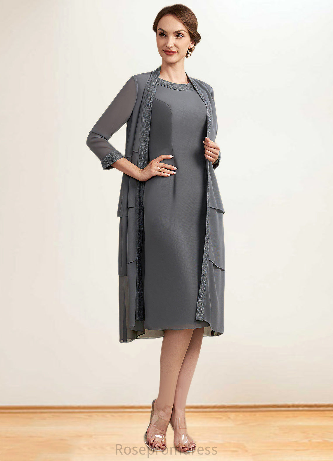 Tamia Sheath/Column Scoop Neck Knee-Length Chiffon Mother of the Bride Dress With Lace SRS126P0014986
