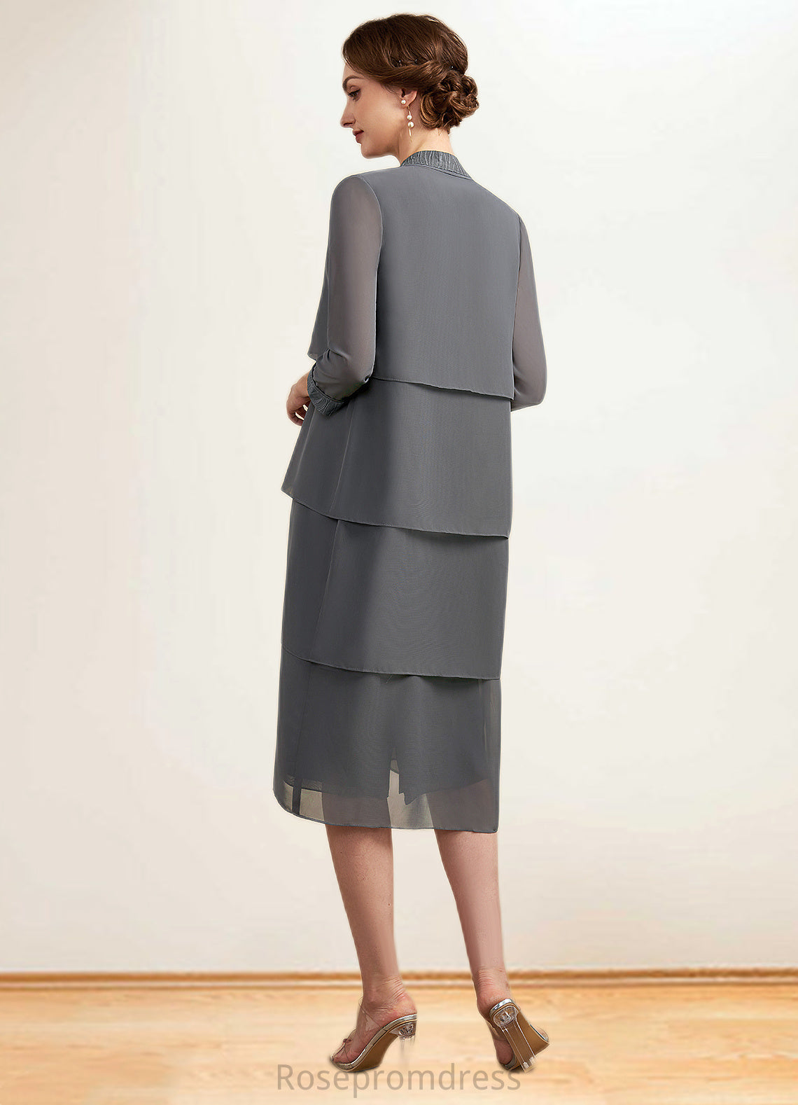 Tamia Sheath/Column Scoop Neck Knee-Length Chiffon Mother of the Bride Dress With Lace SRS126P0014986