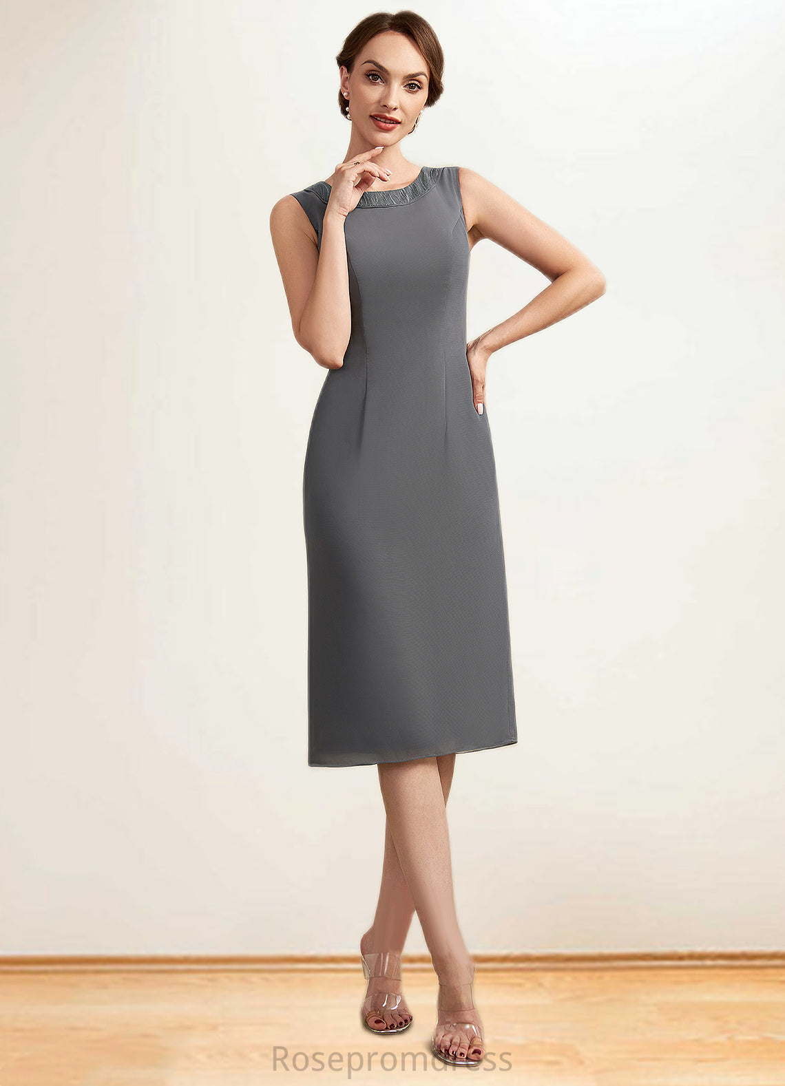 Tamia Sheath/Column Scoop Neck Knee-Length Chiffon Mother of the Bride Dress With Lace SRS126P0014986