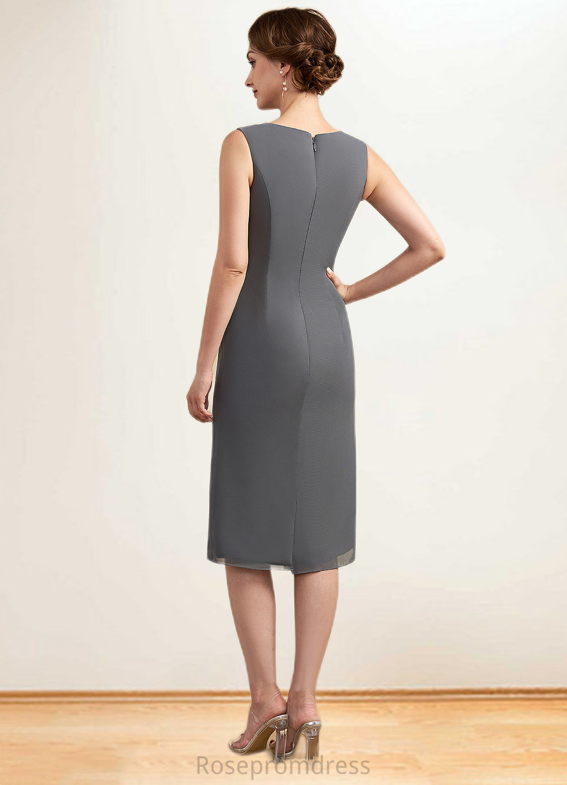 Tamia Sheath/Column Scoop Neck Knee-Length Chiffon Mother of the Bride Dress With Lace SRS126P0014986