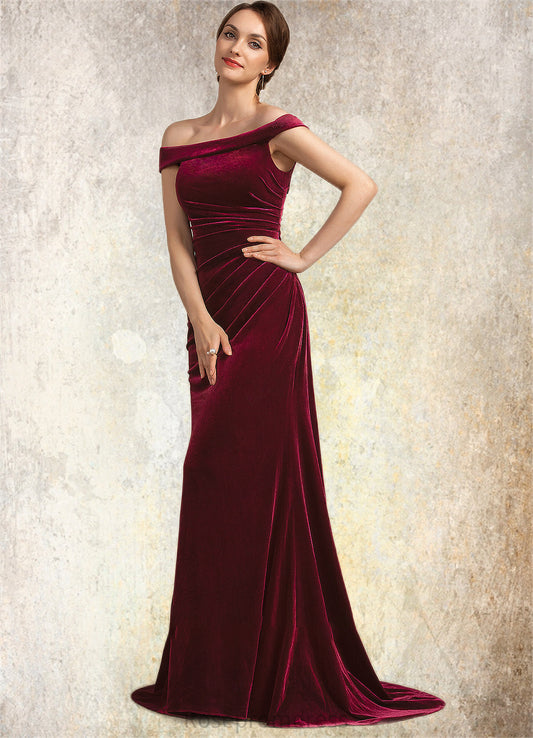 Lindsey Trumpet/Mermaid Off-the-Shoulder Sweep Train Velvet Mother of the Bride Dress With Ruffle SRS126P0014988