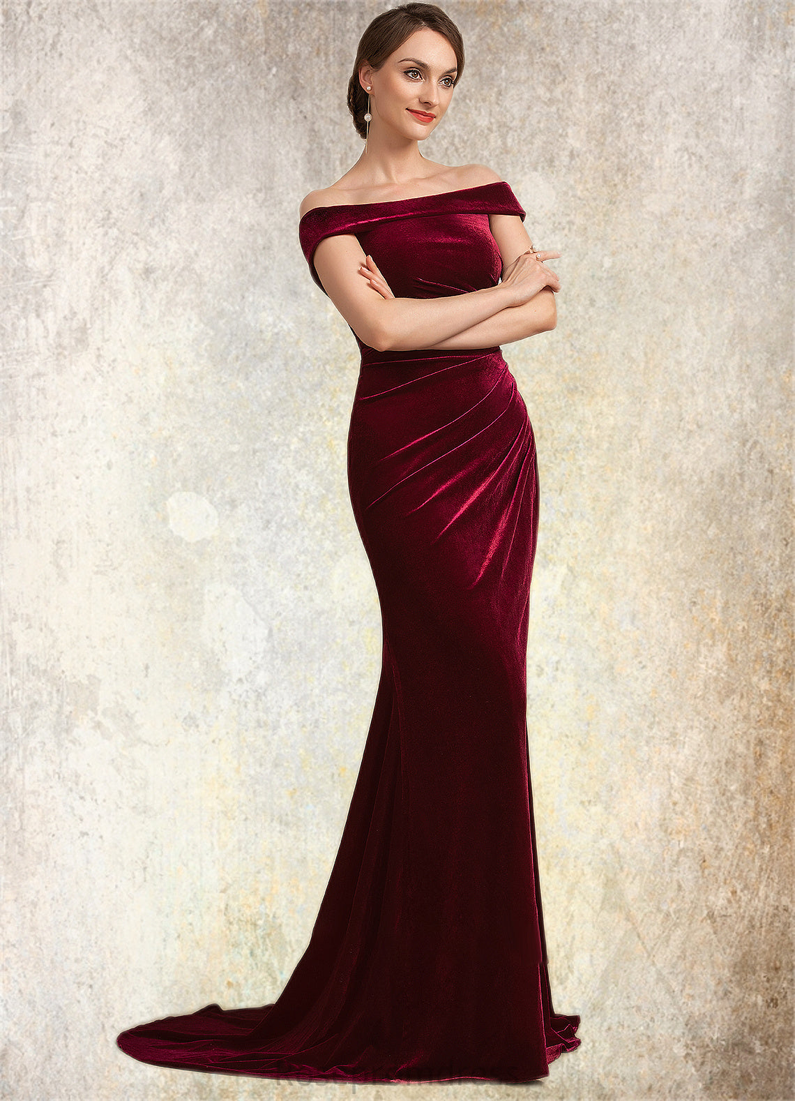 Lindsey Trumpet/Mermaid Off-the-Shoulder Sweep Train Velvet Mother of the Bride Dress With Ruffle SRS126P0014988