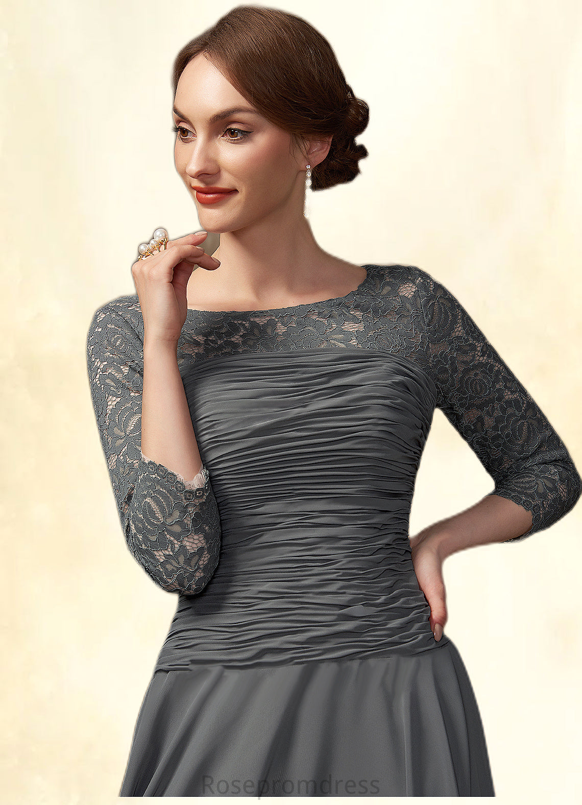 Arielle A-Line Scoop Neck Ankle-Length Chiffon Lace Mother of the Bride Dress With Ruffle SRS126P0014990