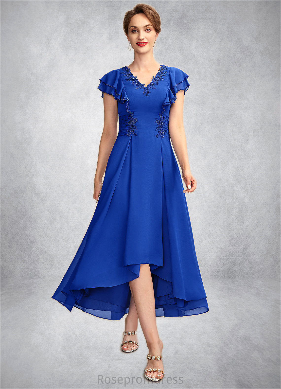 Beryl A-Line V-neck Asymmetrical Chiffon Mother of the Bride Dress With Beading Appliques Lace Sequins Cascading Ruffles SRS126P0014994