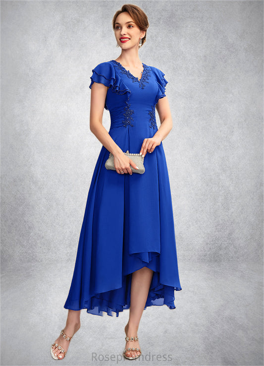 Beryl A-Line V-neck Asymmetrical Chiffon Mother of the Bride Dress With Beading Appliques Lace Sequins Cascading Ruffles SRS126P0014994