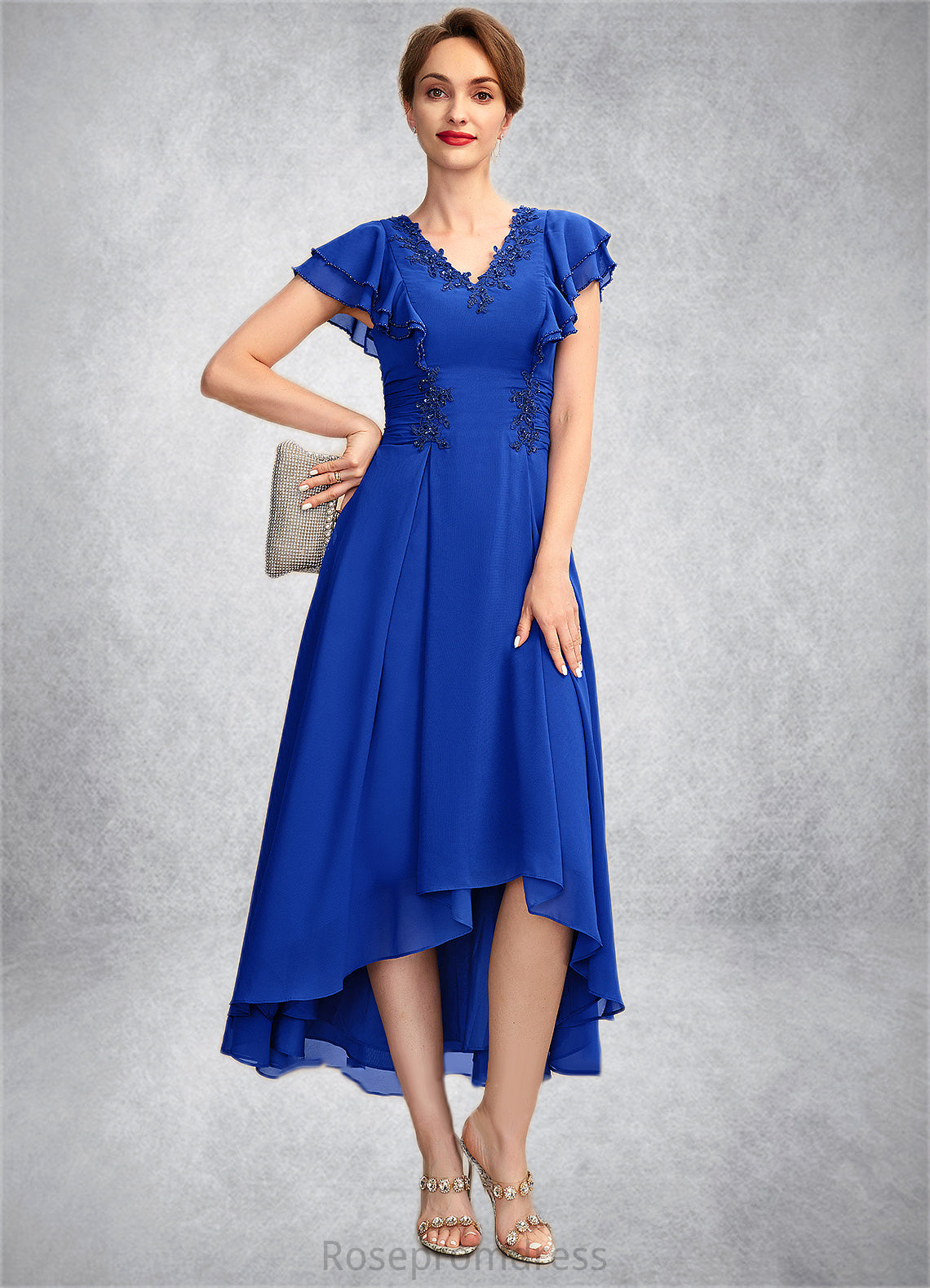 Beryl A-Line V-neck Asymmetrical Chiffon Mother of the Bride Dress With Beading Appliques Lace Sequins Cascading Ruffles SRS126P0014994
