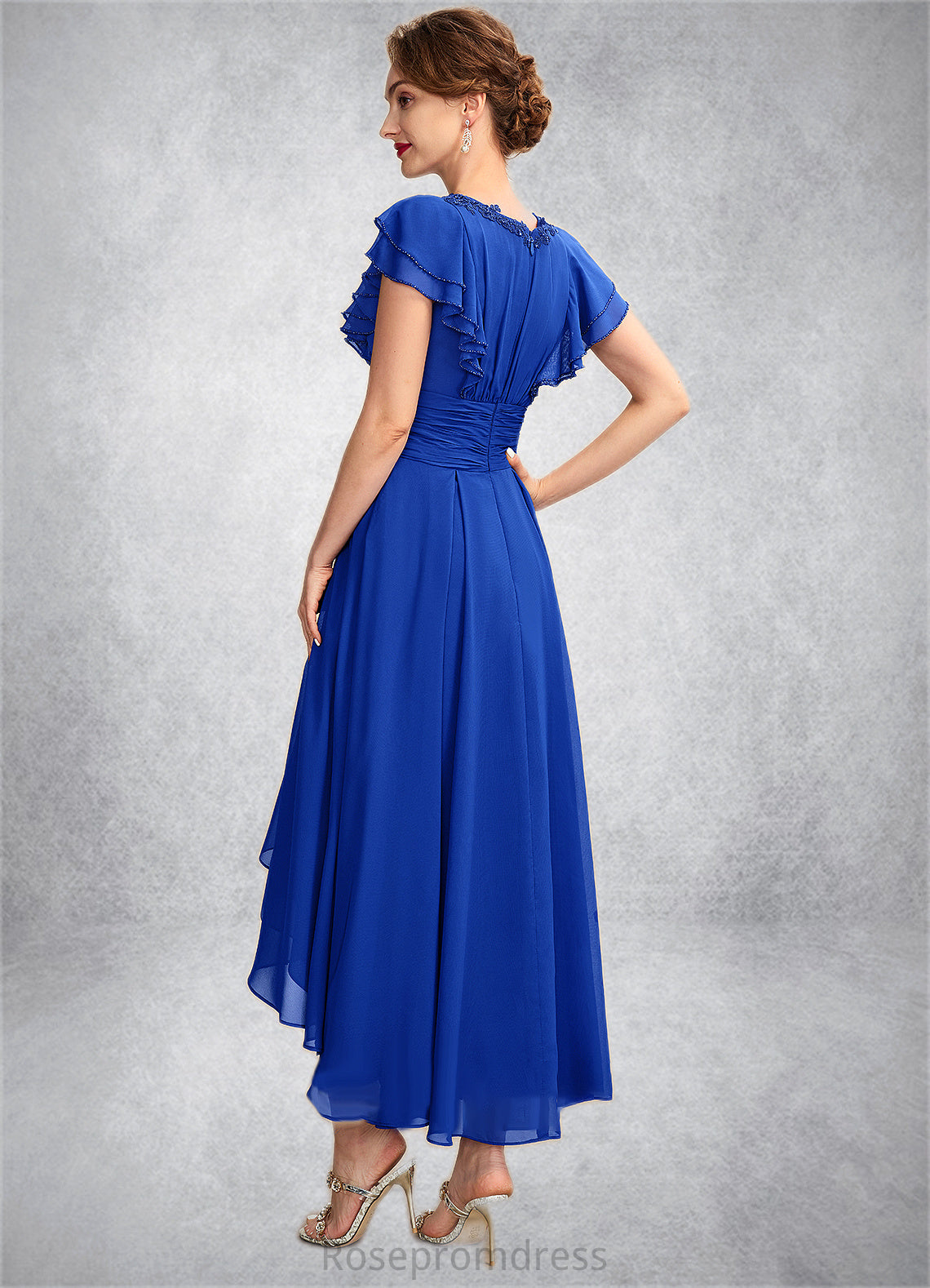 Beryl A-Line V-neck Asymmetrical Chiffon Mother of the Bride Dress With Beading Appliques Lace Sequins Cascading Ruffles SRS126P0014994