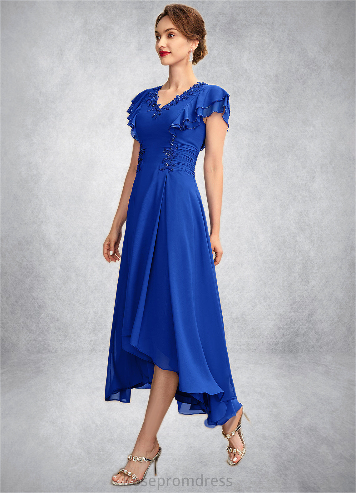 Beryl A-Line V-neck Asymmetrical Chiffon Mother of the Bride Dress With Beading Appliques Lace Sequins Cascading Ruffles SRS126P0014994