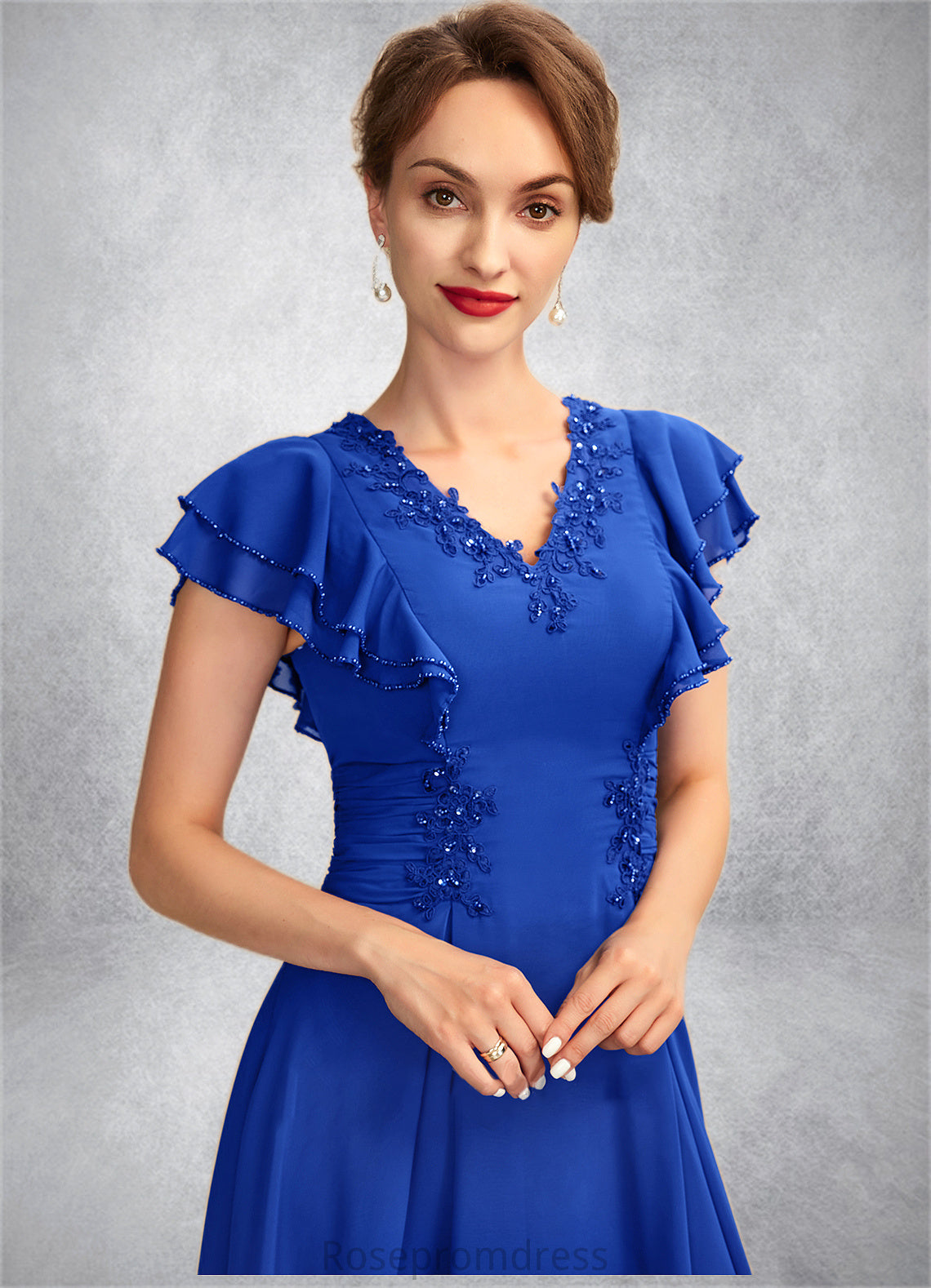 Beryl A-Line V-neck Asymmetrical Chiffon Mother of the Bride Dress With Beading Appliques Lace Sequins Cascading Ruffles SRS126P0014994