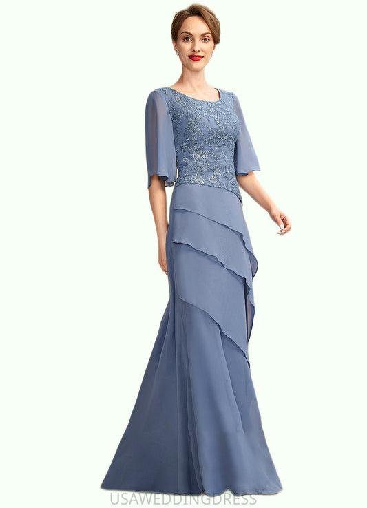 Zoe A-Line Scoop Neck Floor-Length Chiffon Lace Mother of the Bride Dress With Sequins Cascading Ruffles DS126P0014997