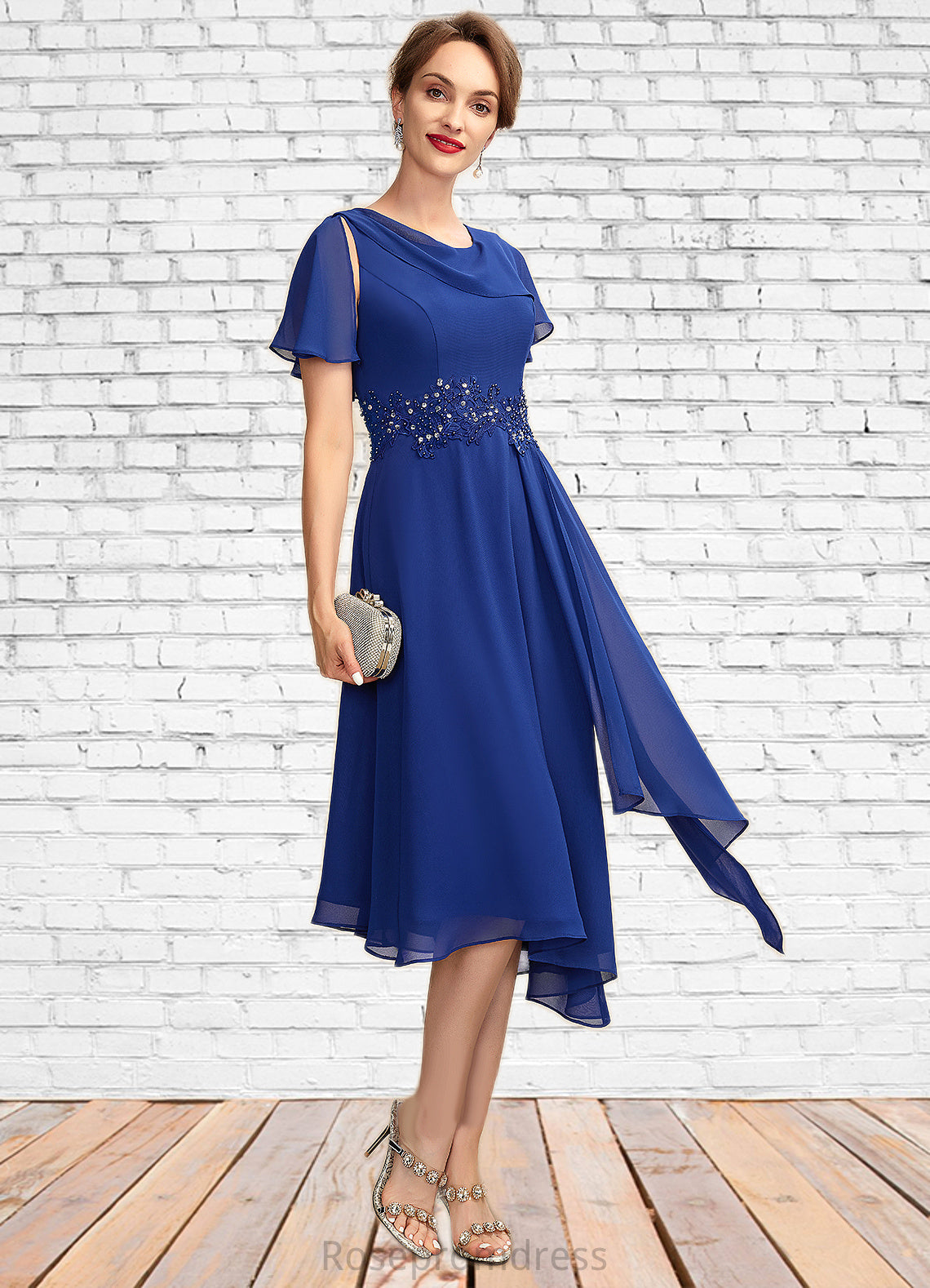 Ruby A-Line Scoop Neck Asymmetrical Chiffon Mother of the Bride Dress With Beading Appliques Lace Cascading Ruffles SRS126P0014998