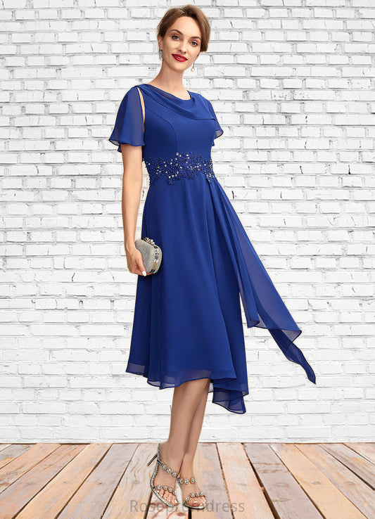 Ruby A-Line Scoop Neck Asymmetrical Chiffon Mother of the Bride Dress With Beading Appliques Lace Cascading Ruffles SRS126P0014998