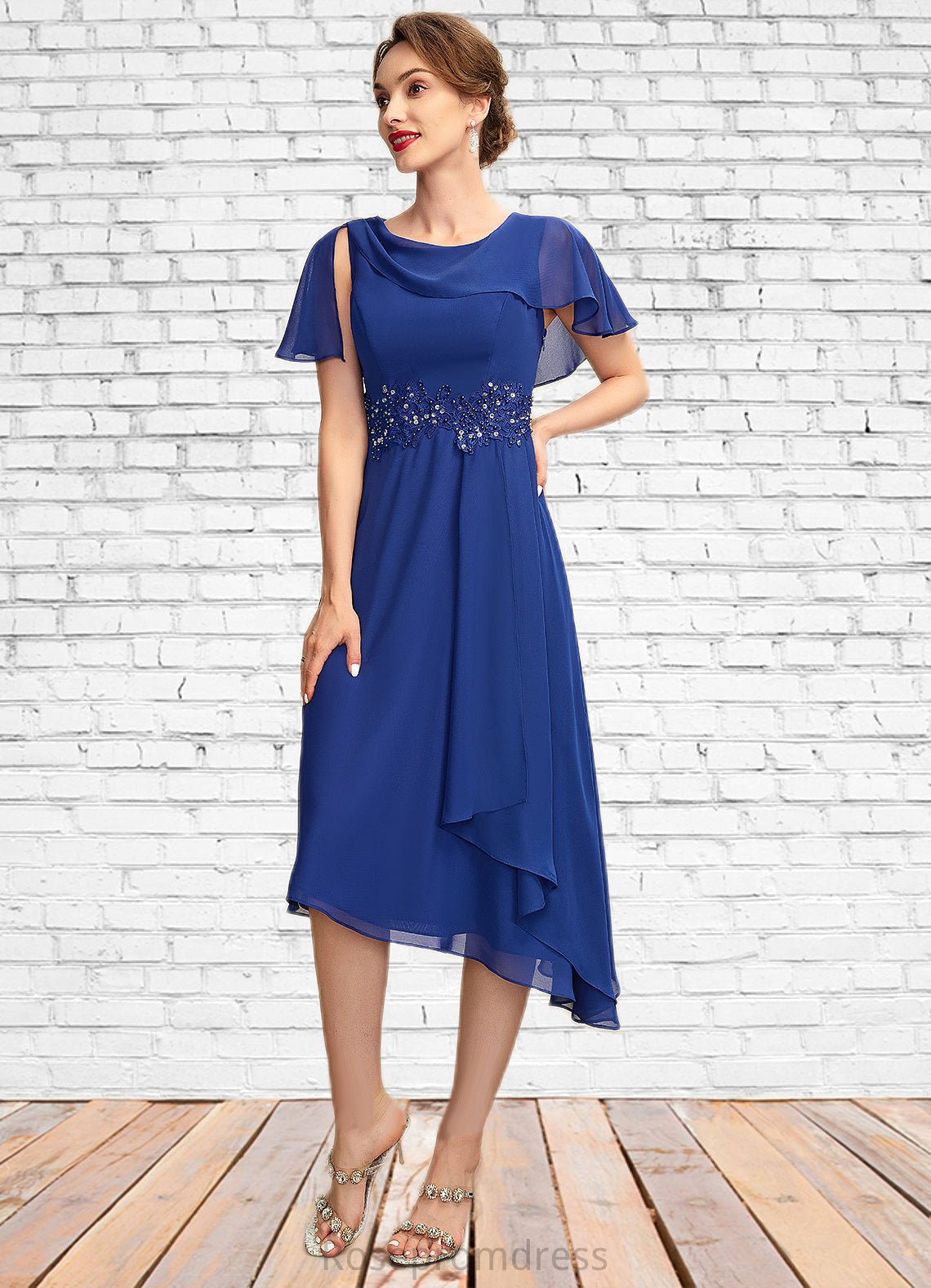 Ruby A-Line Scoop Neck Asymmetrical Chiffon Mother of the Bride Dress With Beading Appliques Lace Cascading Ruffles SRS126P0014998