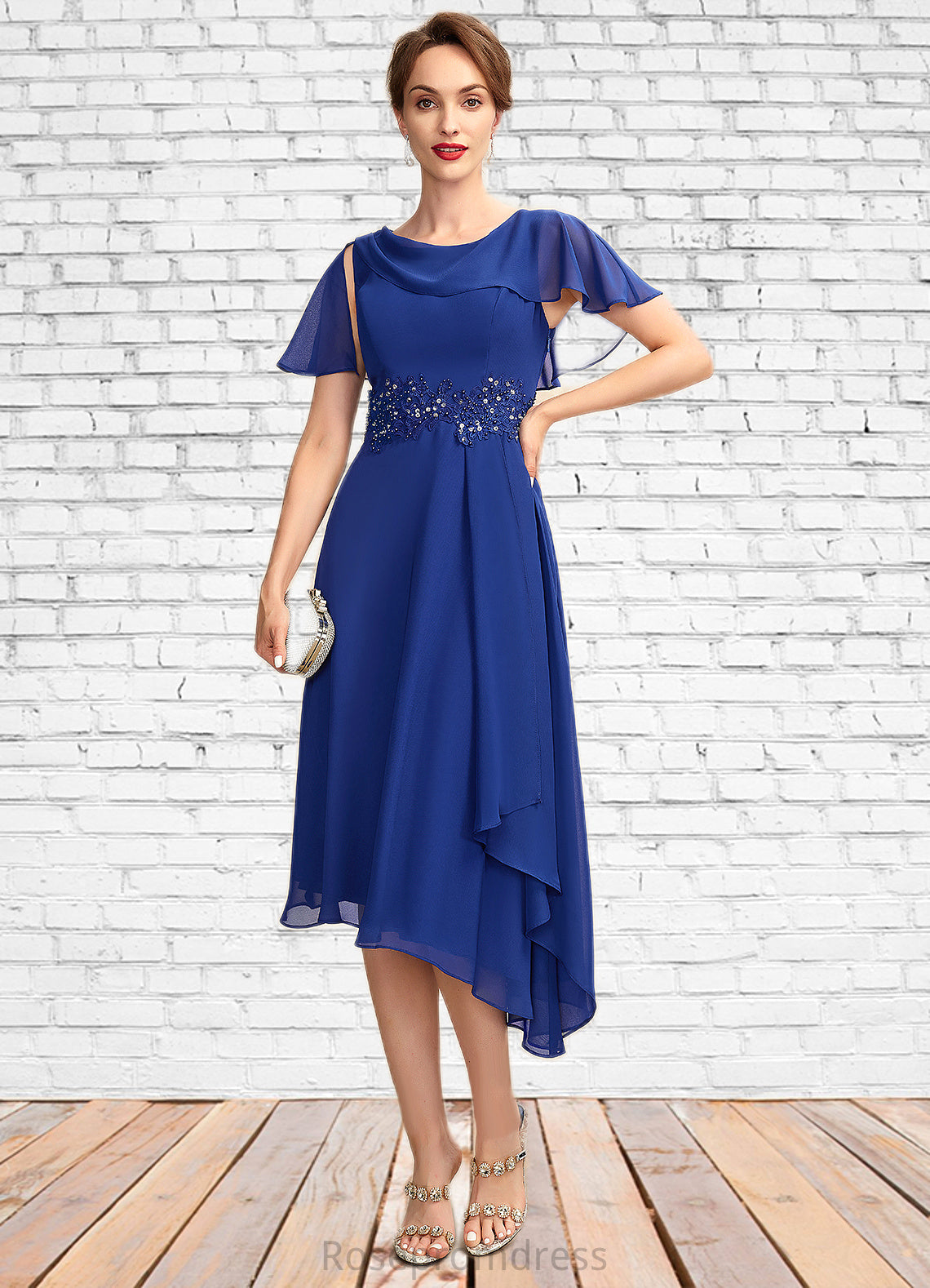 Ruby A-Line Scoop Neck Asymmetrical Chiffon Mother of the Bride Dress With Beading Appliques Lace Cascading Ruffles SRS126P0014998