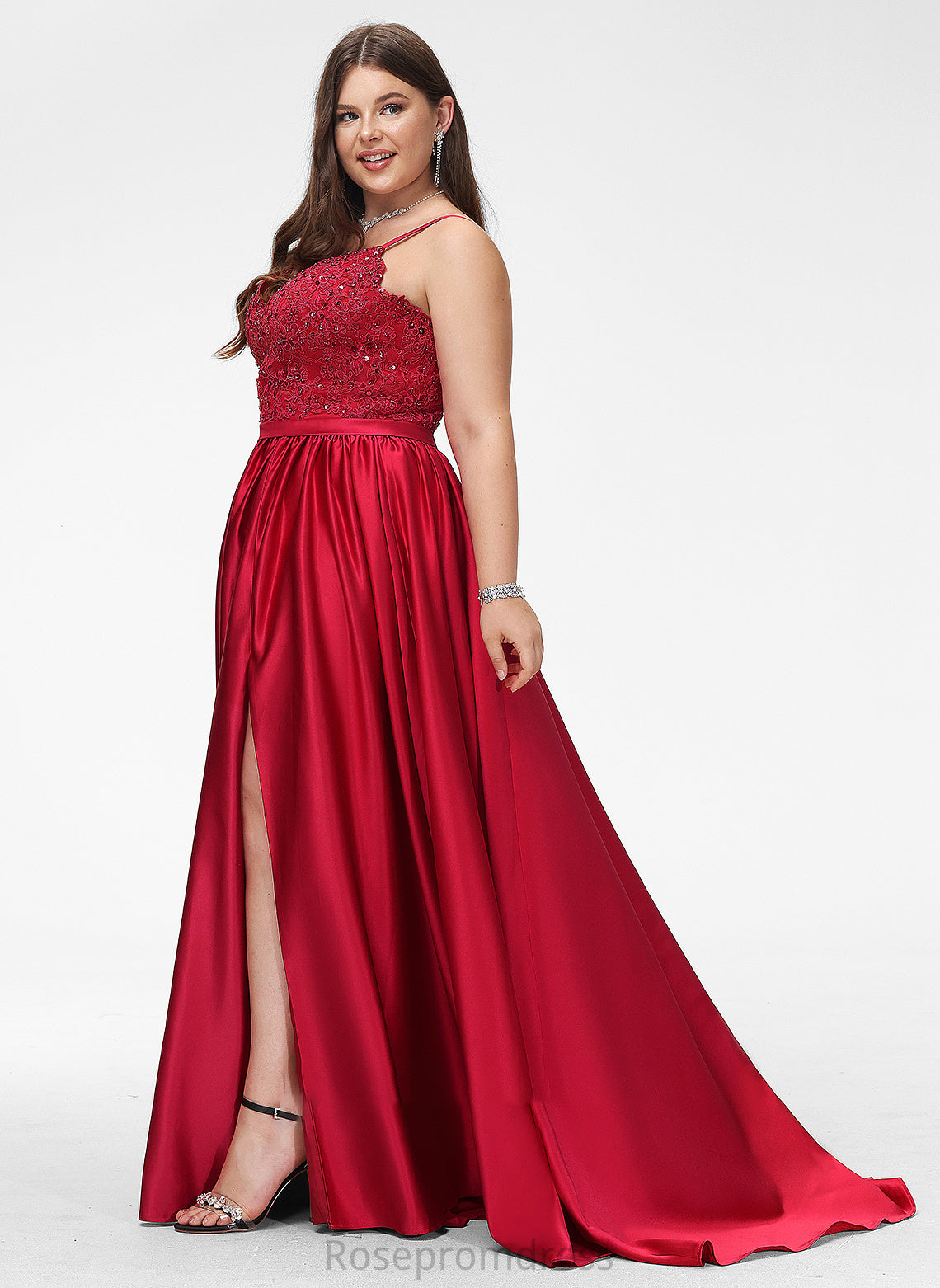 Satin Ball-Gown/Princess V-neck Front Prom Dresses Train Adyson Beading Split Sweep Sequins With