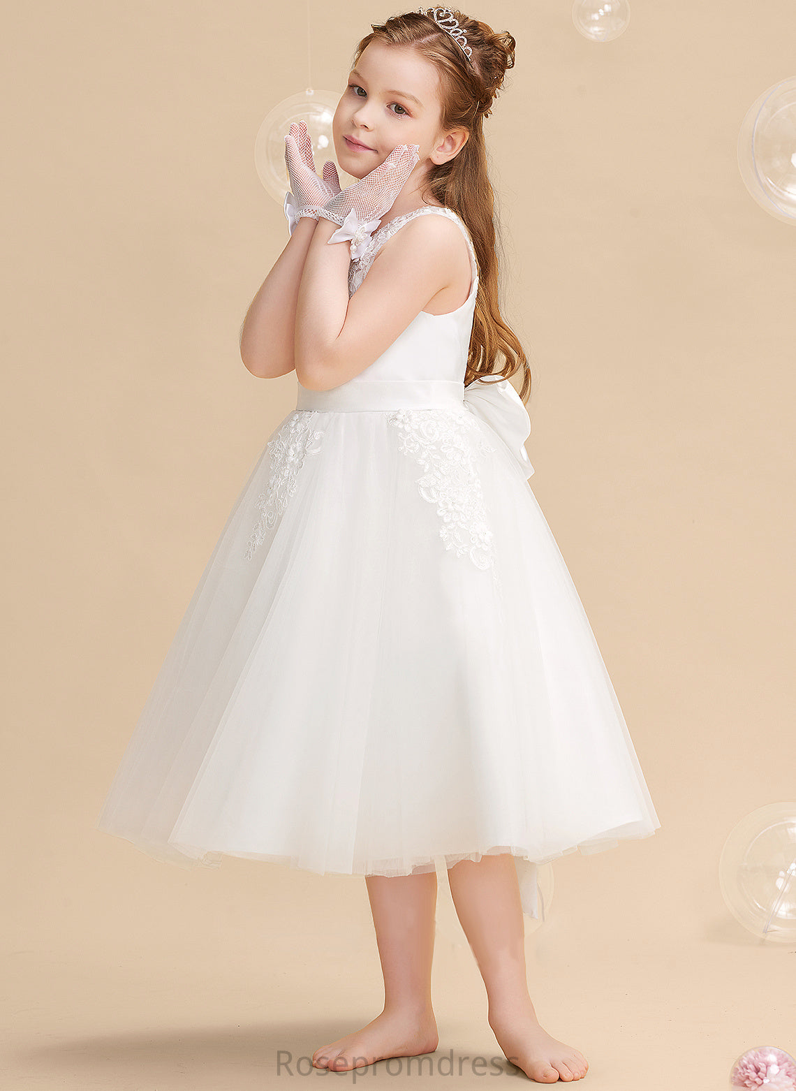 A-Line With Tea-length Sleeveless Beading/Flower(s) Meghan Tulle/Lace Dress - Flower Girl Scoop Flower Girl Dresses Neck