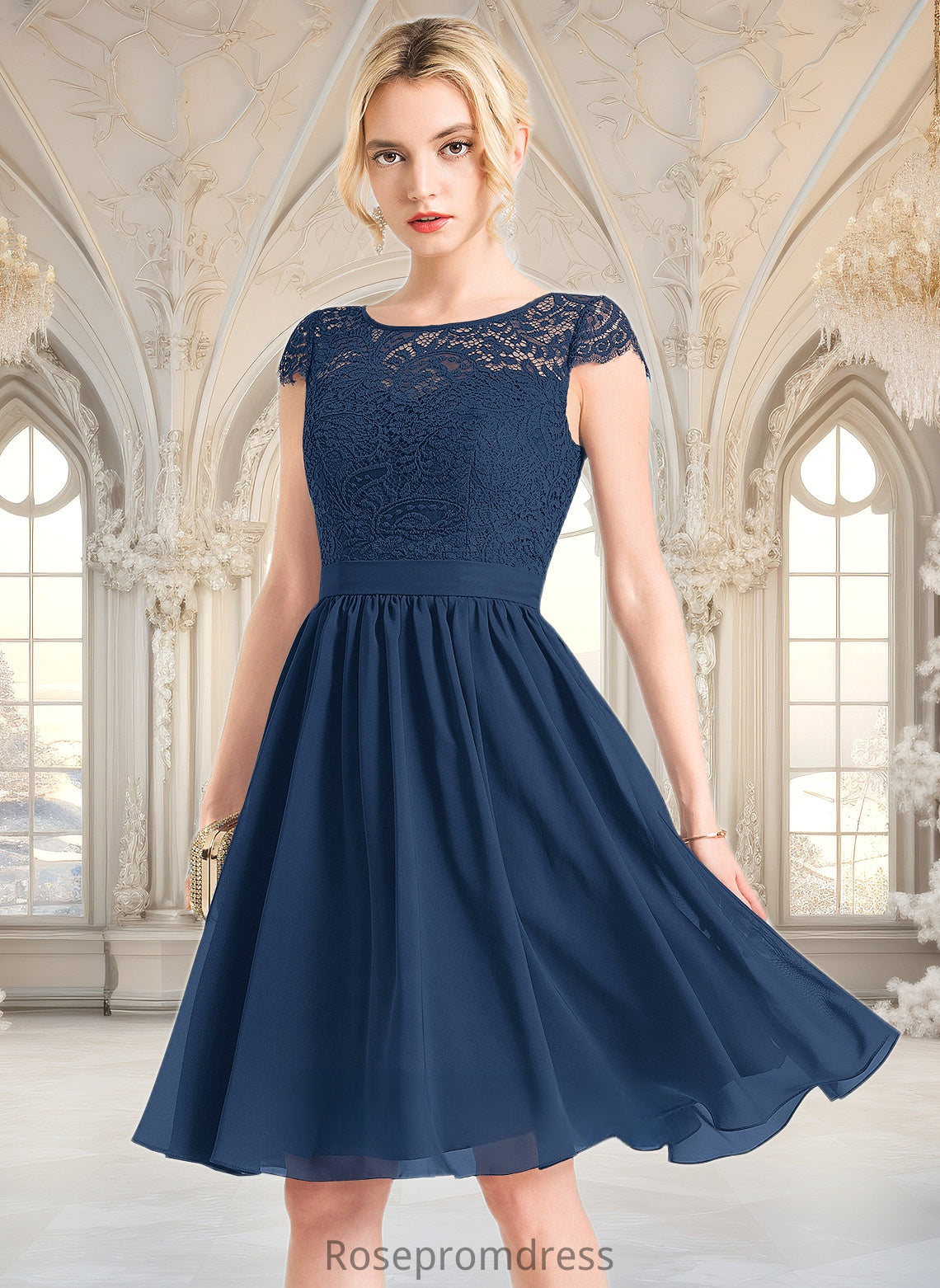 Zoey A-line Scoop Knee-Length Lace Chiffon Homecoming Dress DSP0025698