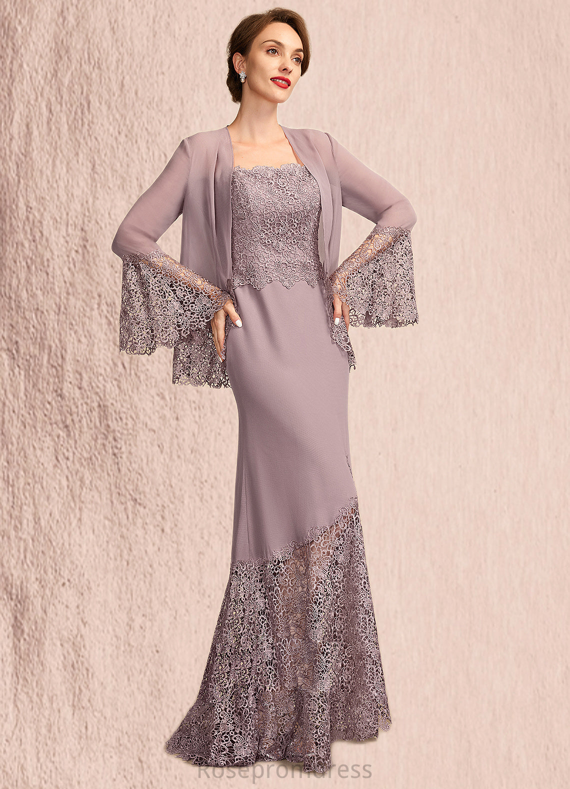Hailey Trumpet/Mermaid Square Neckline Asymmetrical Chiffon Lace Mother of the Bride Dress SRS126P0015001