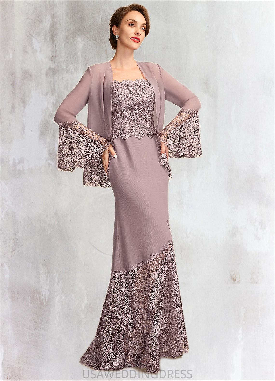 Kayleigh Trumpet/Mermaid Square Neckline Asymmetrical Chiffon Lace Mother of the Bride Dress DS126P0015001