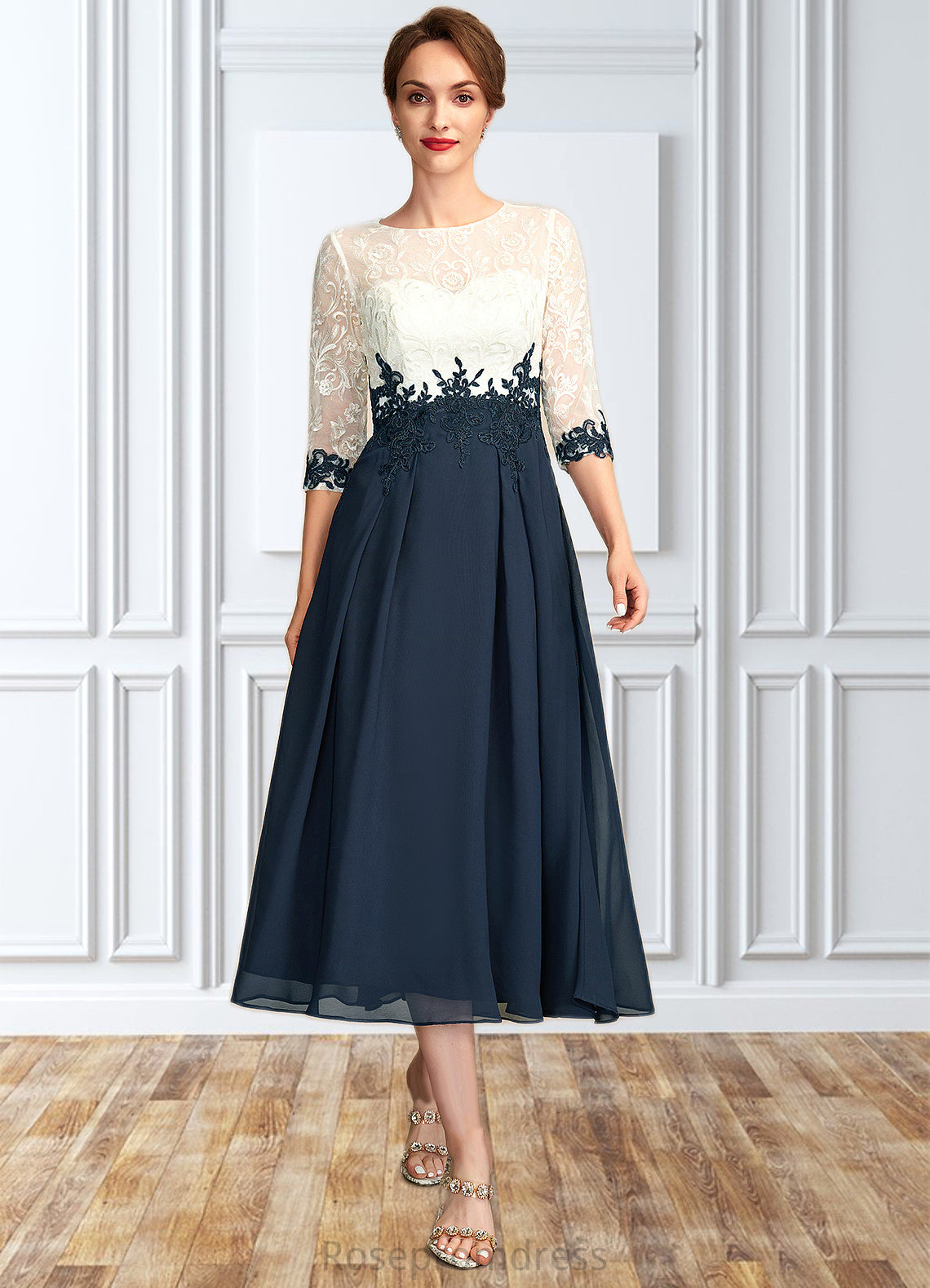 Grace A-Line Scoop Neck Tea-Length Chiffon Lace Mother of the Bride Dress SRS126P0015002
