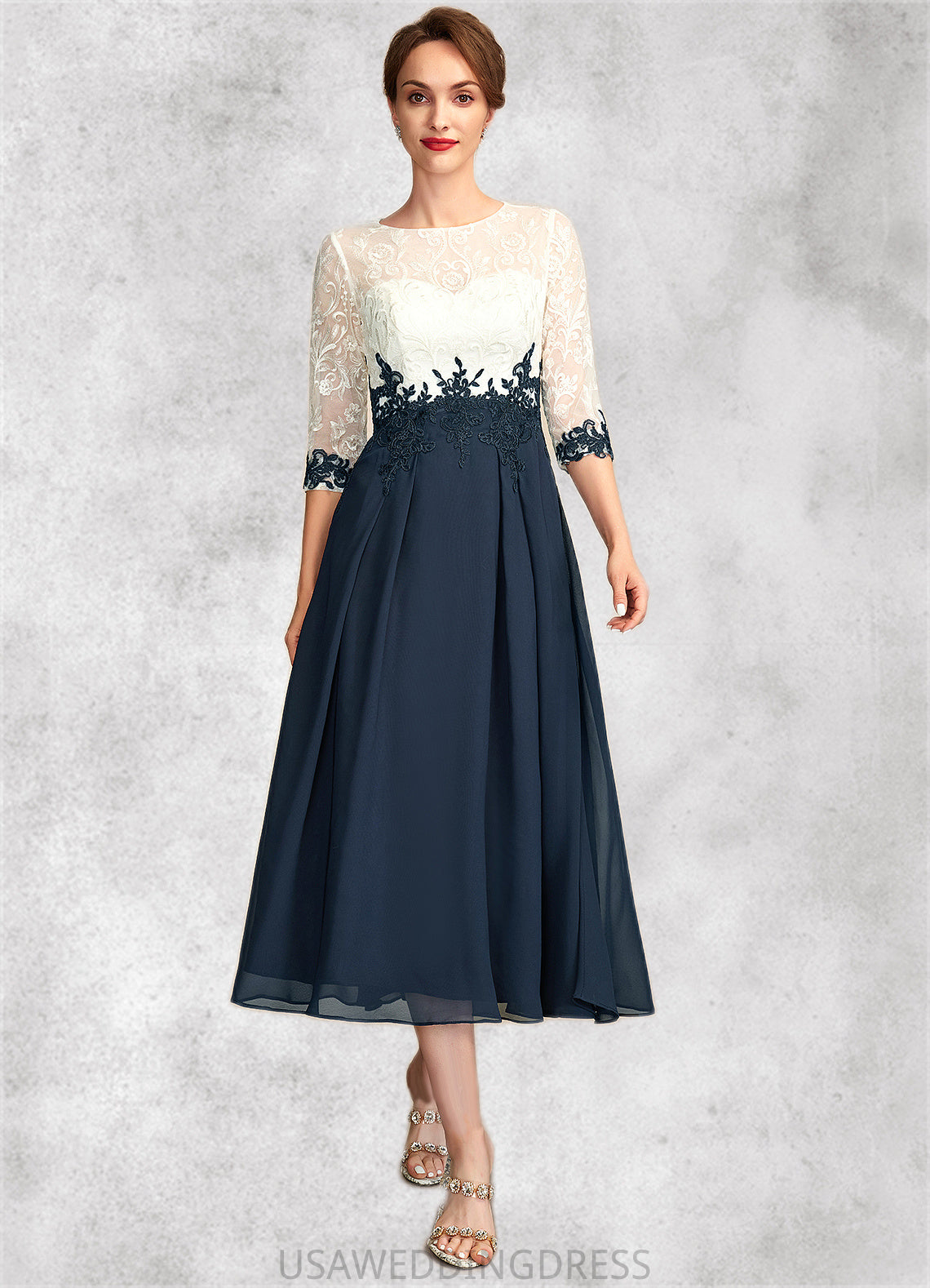 Leah A-Line Scoop Neck Tea-Length Chiffon Lace Mother of the Bride Dress DS126P0015002