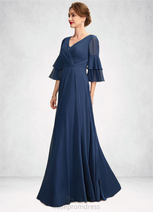Viola A-Line V-neck Floor-Length Chiffon Mother of the Bride Dress With Cascading Ruffles SRS126P0015003