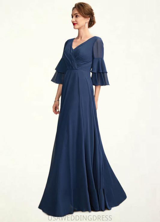 Jaliyah A-Line V-neck Floor-Length Chiffon Mother of the Bride Dress With Cascading Ruffles DS126P0015003