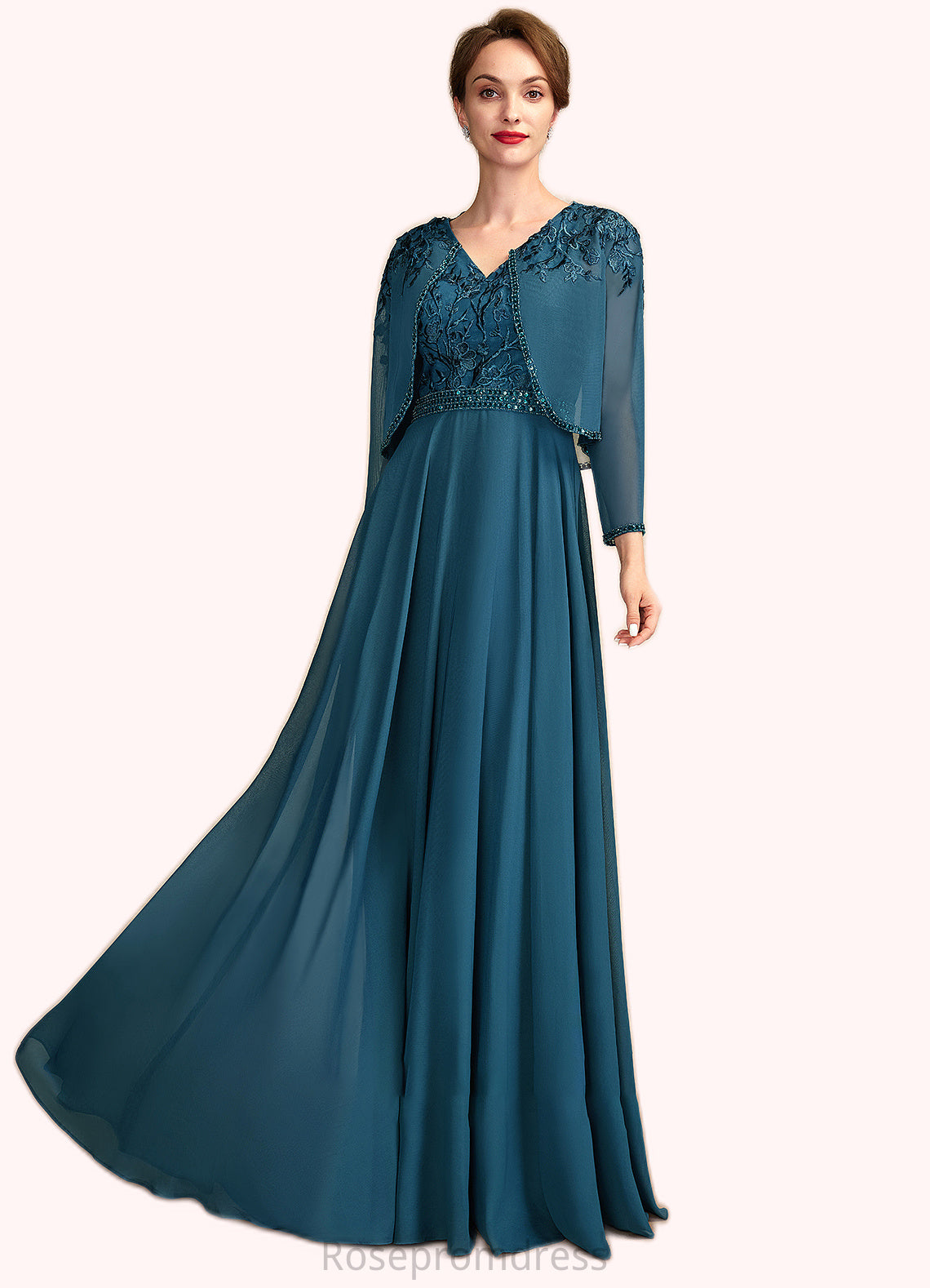 Clara A-Line V-neck Floor-Length Chiffon Lace Mother of the Bride Dress With Beading Sequins SRS126P0015004