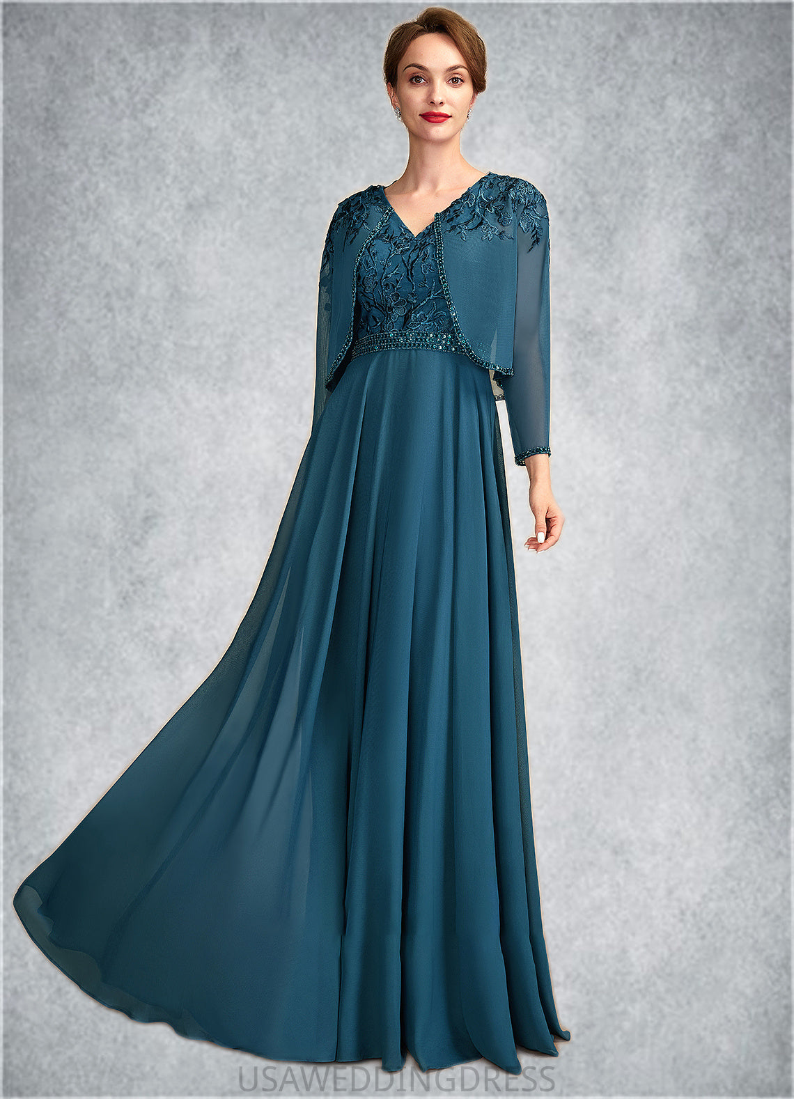 Kaliyah A-Line V-neck Floor-Length Chiffon Lace Mother of the Bride Dress With Beading Sequins DS126P0015004