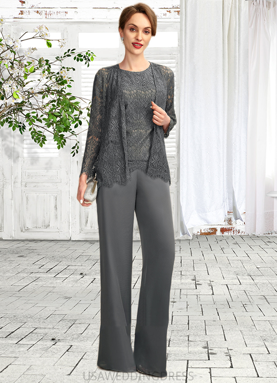 Lily Jumpsuit/Pantsuit Scoop Neck Floor-Length Chiffon Lace Mother of the Bride Dress DS126P0015006