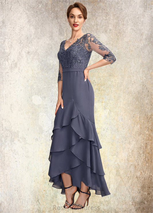 Ada Trumpet/Mermaid V-neck Asymmetrical Chiffon Lace Mother of the Bride Dress With Sequins Cascading Ruffles SRS126P0015007