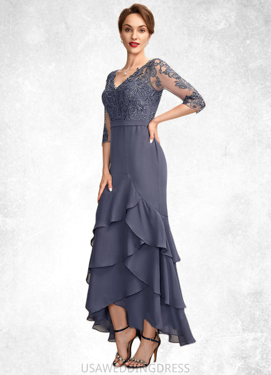 Claire Trumpet/Mermaid V-neck Asymmetrical Chiffon Lace Mother of the Bride Dress With Sequins Cascading Ruffles DS126P0015007