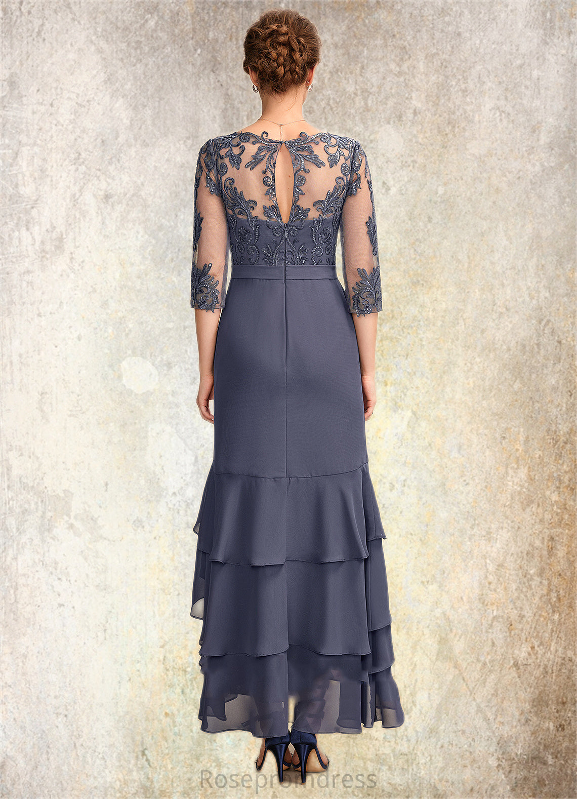 Ada Trumpet/Mermaid V-neck Asymmetrical Chiffon Lace Mother of the Bride Dress With Sequins Cascading Ruffles SRS126P0015007