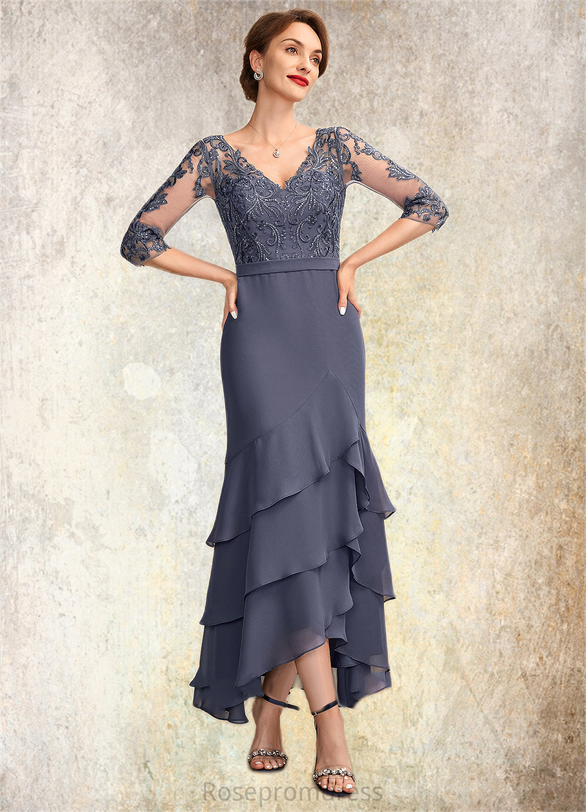 Ada Trumpet/Mermaid V-neck Asymmetrical Chiffon Lace Mother of the Bride Dress With Sequins Cascading Ruffles SRS126P0015007
