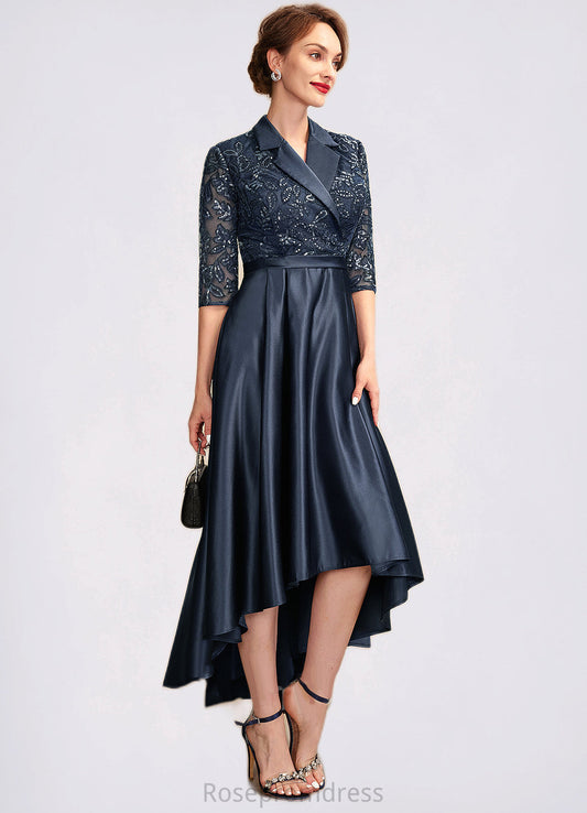Abby A-Line V-neck Asymmetrical Satin Lace Mother of the Bride Dress With Sequins Pockets SRS126P0015008