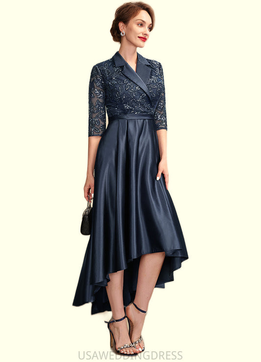 Hazel A-Line V-neck Asymmetrical Satin Lace Mother of the Bride Dress With Sequins Pockets DS126P0015008