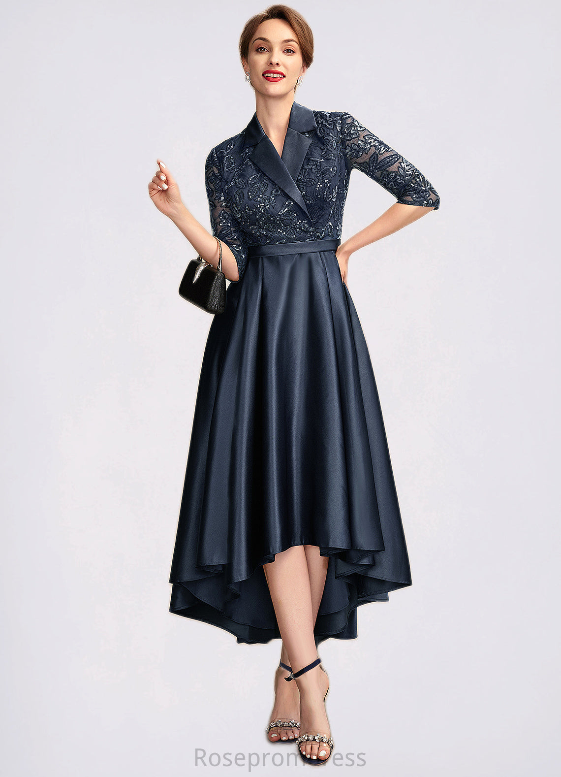 Abby A-Line V-neck Asymmetrical Satin Lace Mother of the Bride Dress With Sequins Pockets SRS126P0015008