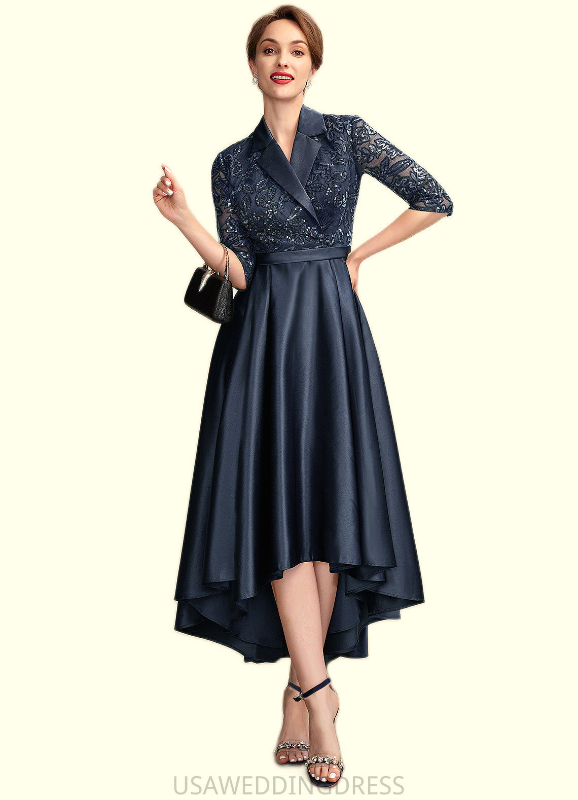 Hazel A-Line V-neck Asymmetrical Satin Lace Mother of the Bride Dress With Sequins Pockets DS126P0015008