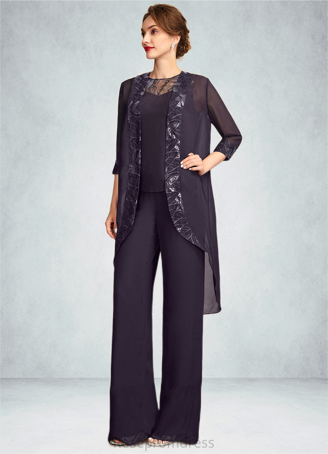 Kamila Jumpsuit/Pantsuit Scoop Neck Floor-Length Chiffon Lace Mother of the Bride Dress With Sequins SRS126P0015010