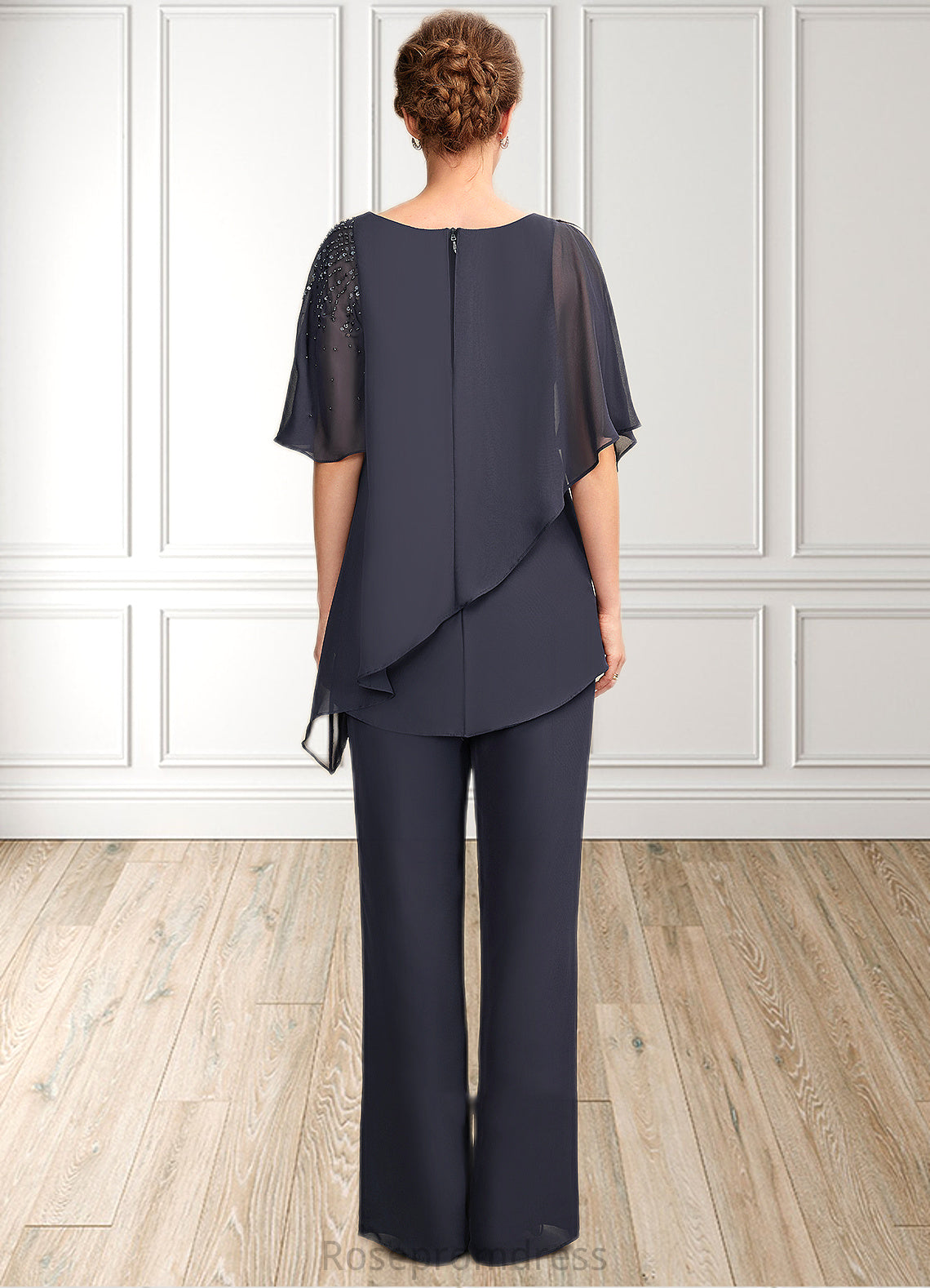 Naomi Jumpsuit/Pantsuit V-neck Floor-Length Chiffon Mother of the Bride Dress With Beading Sequins Cascading Ruffles SRS126P0015011