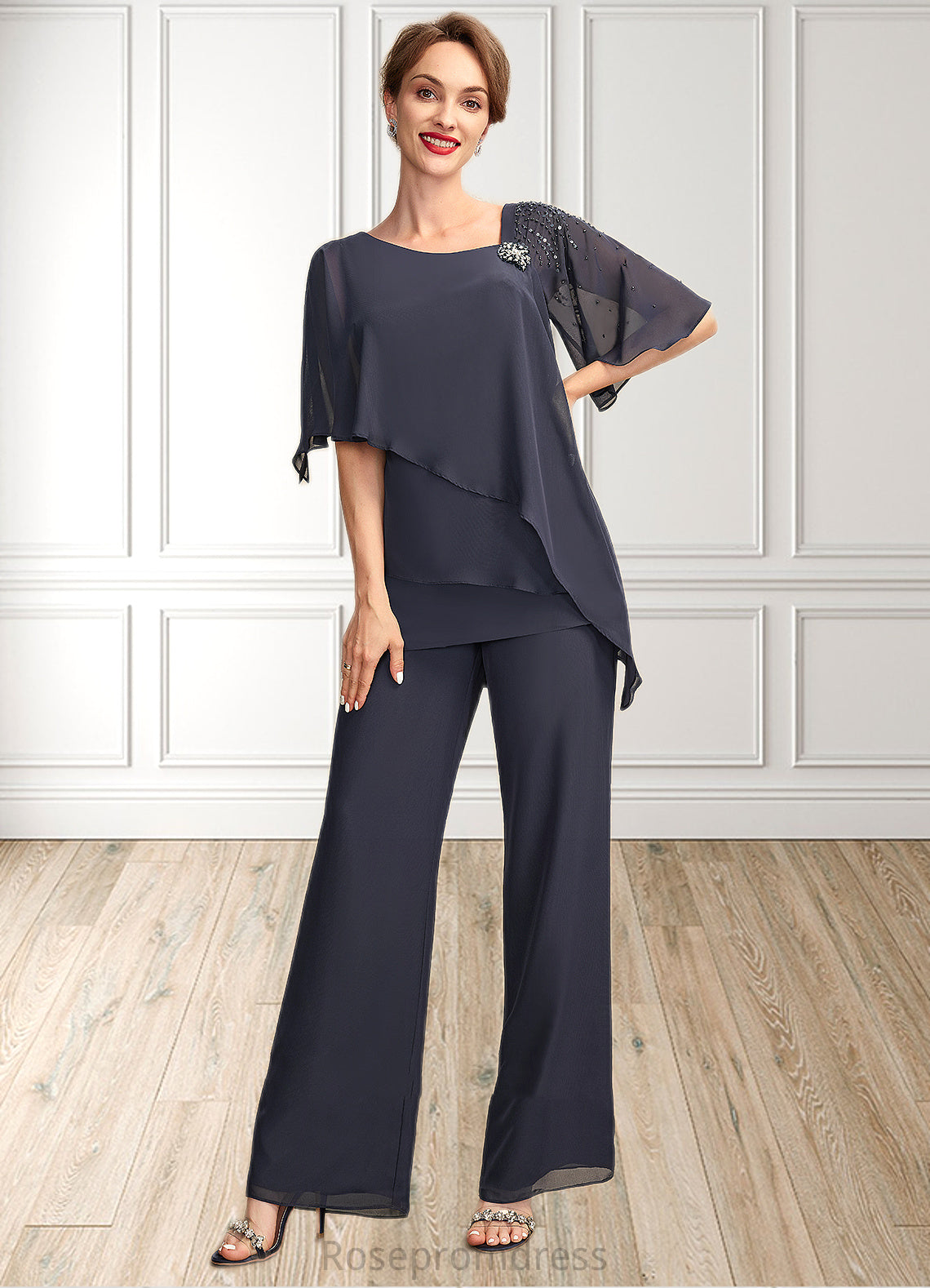 Naomi Jumpsuit/Pantsuit V-neck Floor-Length Chiffon Mother of the Bride Dress With Beading Sequins Cascading Ruffles SRS126P0015011