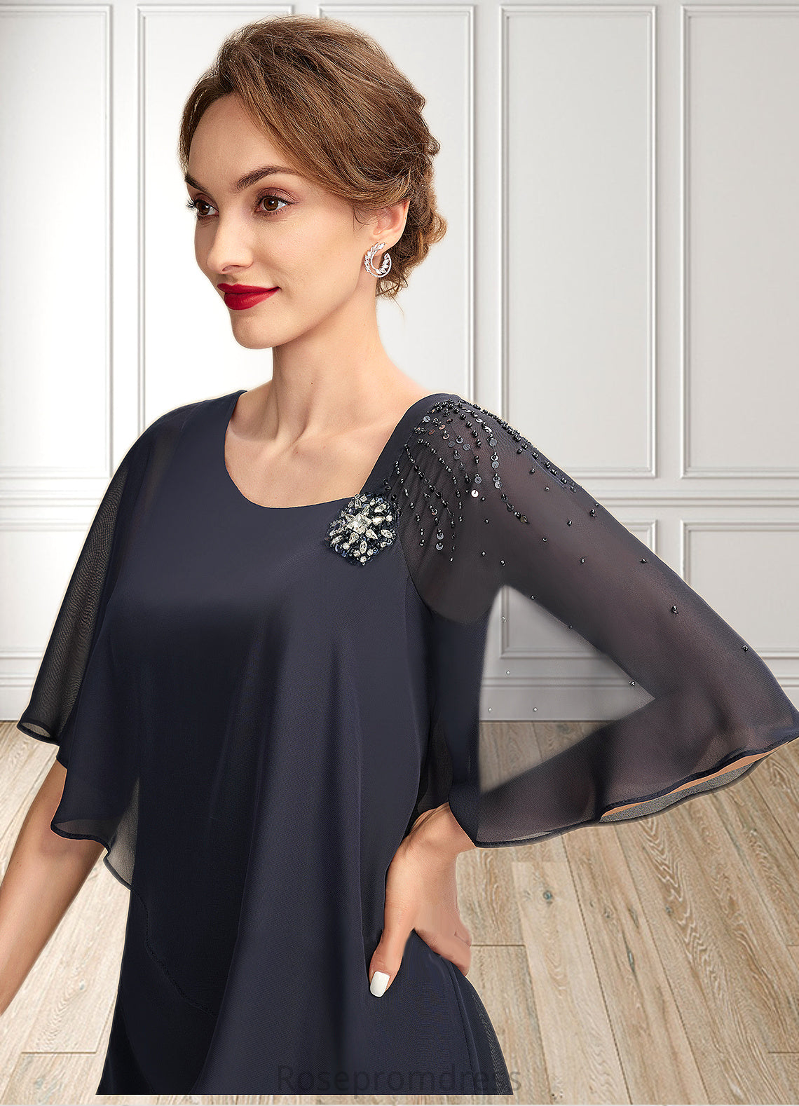 Naomi Jumpsuit/Pantsuit V-neck Floor-Length Chiffon Mother of the Bride Dress With Beading Sequins Cascading Ruffles SRS126P0015011