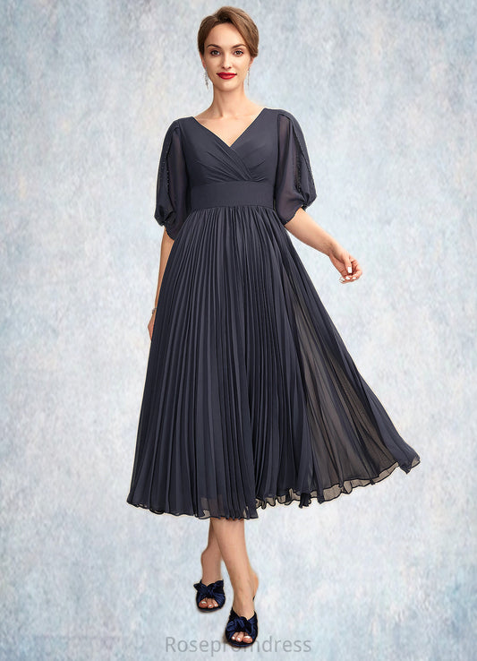 Ruby A-Line V-neck Tea-Length Chiffon Mother of the Bride Dress With Pleated SRS126P0015012