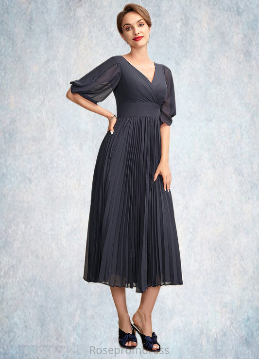 Ruby A-Line V-neck Tea-Length Chiffon Mother of the Bride Dress With Pleated SRS126P0015012